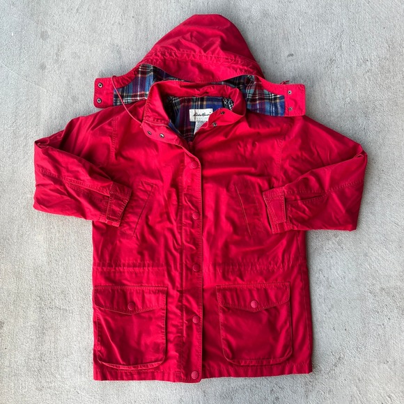 Eddie Bauer Jackets & Blazers - Eddie Bauer Red Parka Jacket Womens L Wool Lined Plaid Hood Outdoor Coat VTG